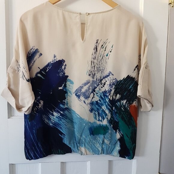 BCBG Maxazria Silk Jayne Abstract Print Short Sleeve Blouse Multi Color Top Sz S - Picture 8 of 10